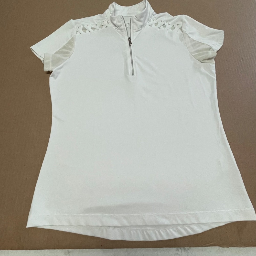 Tail Golf Shirt Womens Small White 1/4 Zip Short Sleeve Cutout Lattice Stretch